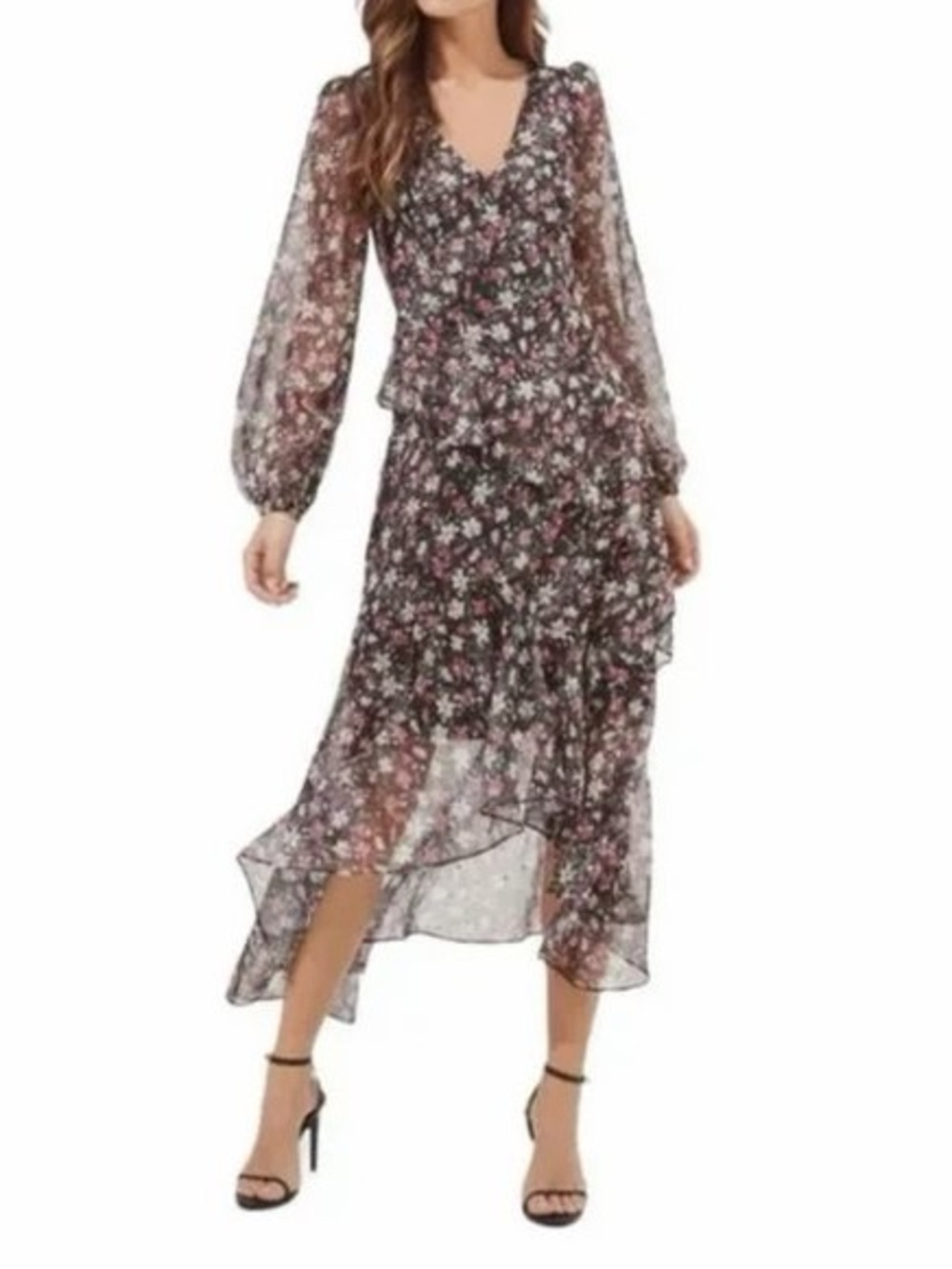Astr Pink and Blue Ruffled Long Sleeve Wrap Dress